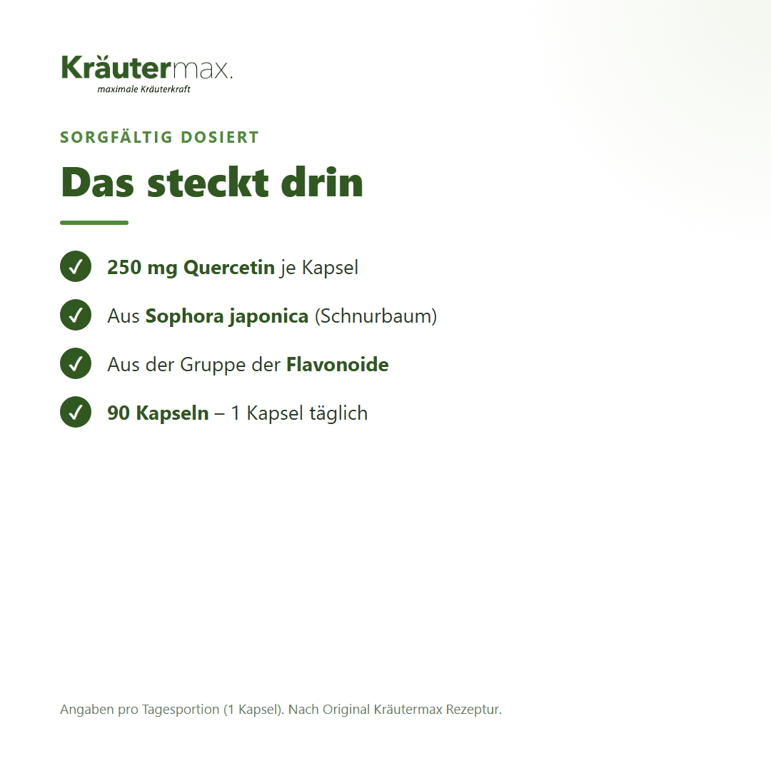 Quercetin Kapseln 250 mg – Zusammensetzung: 250 mg Quercetin je Kapsel aus Sophora japonica, aus der Gruppe der Flavonoide, 90 Kapseln