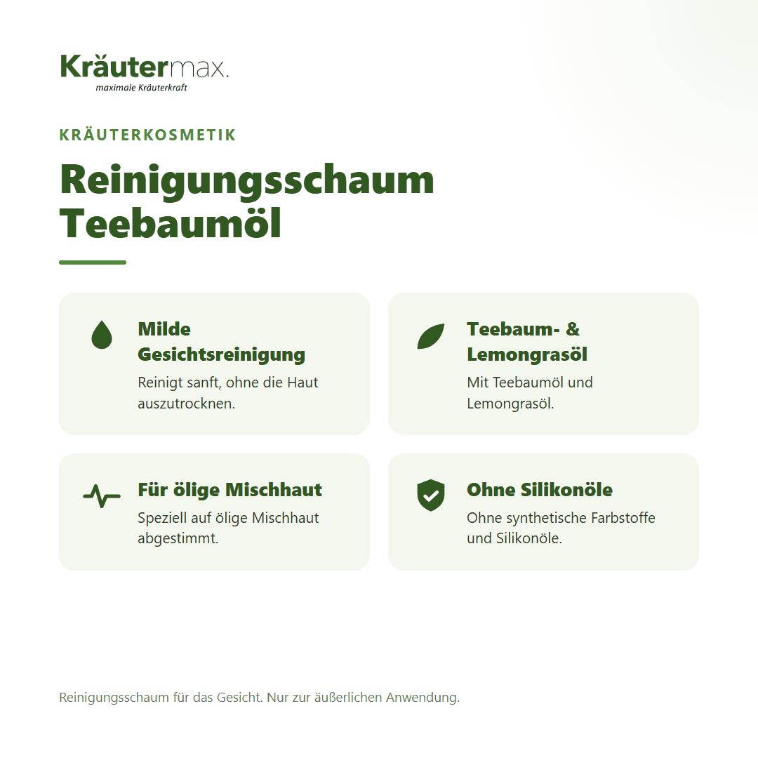 Reinigungsschaum Teebaumöl von Kräutermax – Überblick: milde Gesichtsreinigung für ölige Mischhaut, 150 ml