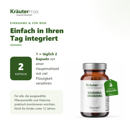 Resveratrol plus Kapseln – Einnahme: täglich 2 Kapseln vor einer Hauptmahlzeit mit viel Flüssigkeit
