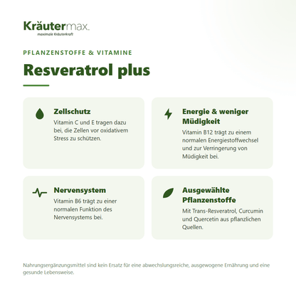 Resveratrol plus Kapseln – Nutzen: Vitamin C und E für Zellschutz, B12 für Energie und weniger Müdigkeit, B6 fürs Nervensystem, mit Resveratrol, Curcumin und Quercetin