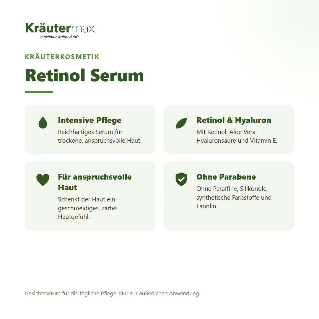 Retinol Serum von Kräutermax – Überblick: reichhaltiges Gesichtsserum mit Retinol und Hyaluronsäure, 30 ml