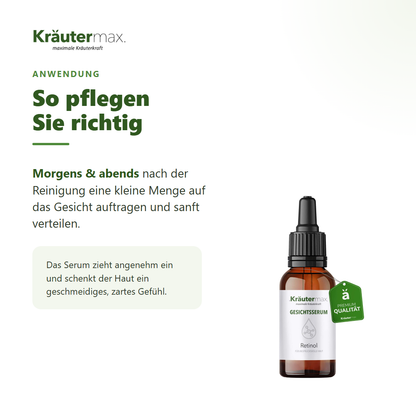 Retinol Serum – Anwendung: morgens und abends nach der Reinigung auf das Gesicht auftragen
