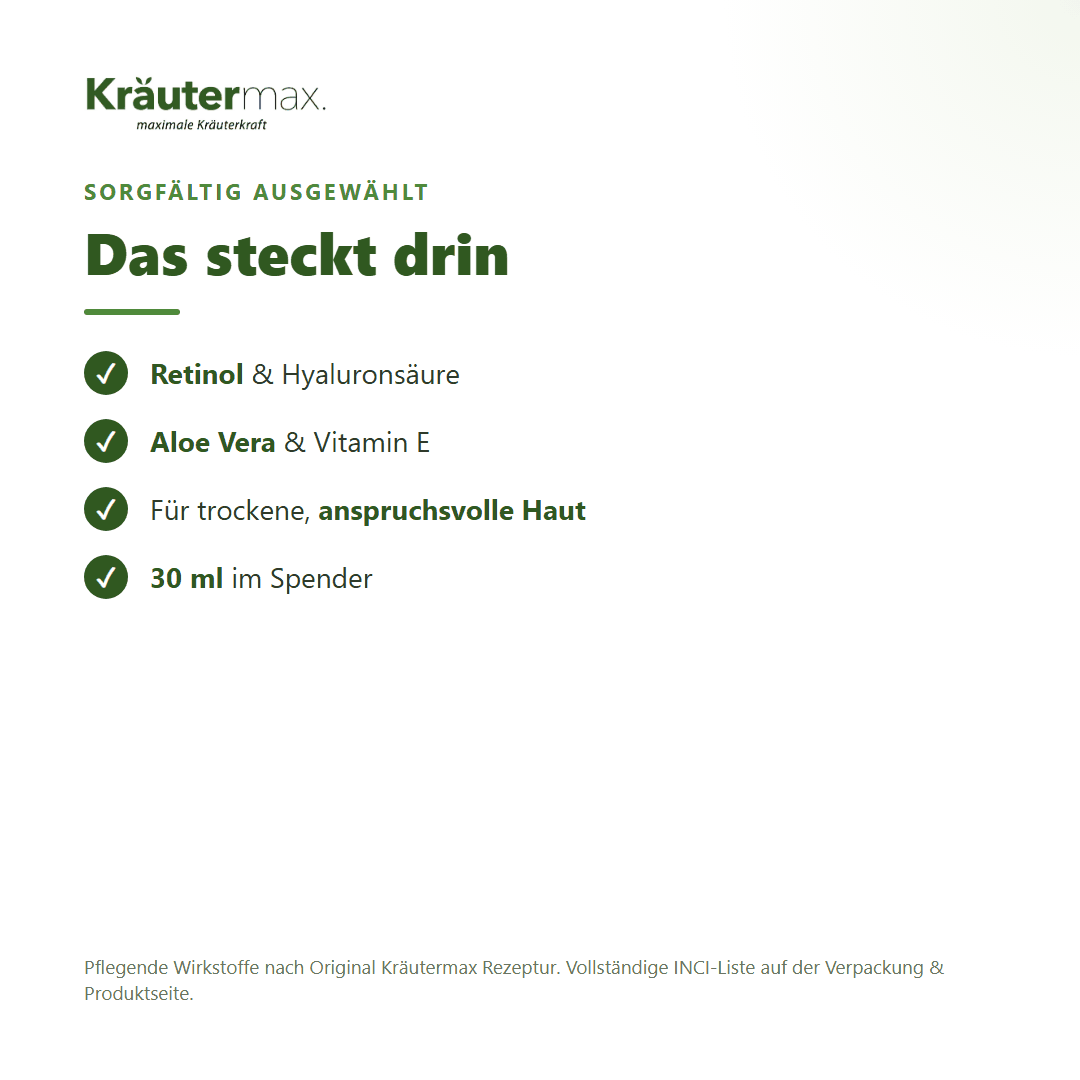 Retinol Serum – Inhaltsstoffe: Retinol, Aloe Vera, Hyaluronsäure, Vitamin E, 30 ml Spender