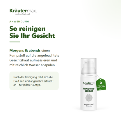 Ringelblume Reinigungsschaum – Anwendung: morgens und abends einen Pumpstoß aufmassieren und abspülen