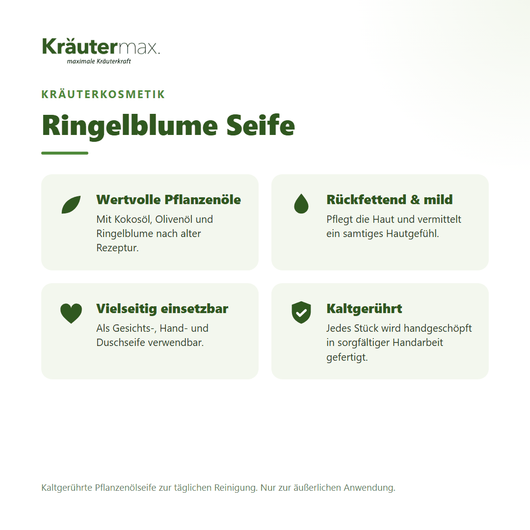 Ringelblume Seife von Kräutermax – Überblick: kaltgerührte Pflanzenölseife mit Kokos-, Olivenöl und Ringelblume, 100 g