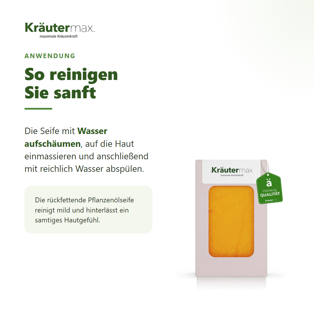 Ringelblume Seife – Anwendung: mit Wasser aufschäumen, einmassieren und abspülen