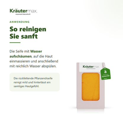 Ringelblume Seife – Anwendung: mit Wasser aufschäumen, einmassieren und abspülen