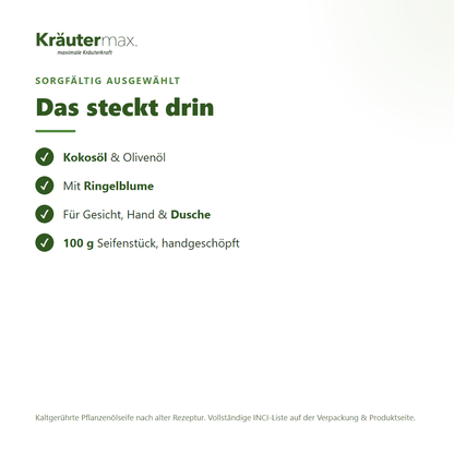 Ringelblume Seife – Inhaltsstoffe: Kokosöl, Olivenöl, Ringelblume, 100 g Seifenstück