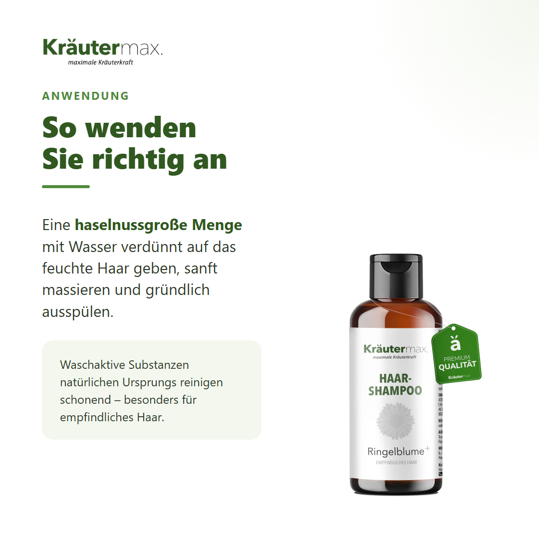 Ringelblume Shampoo – Anwendung: haselnussgroße Menge auf feuchtes Haar, massieren, ausspülen