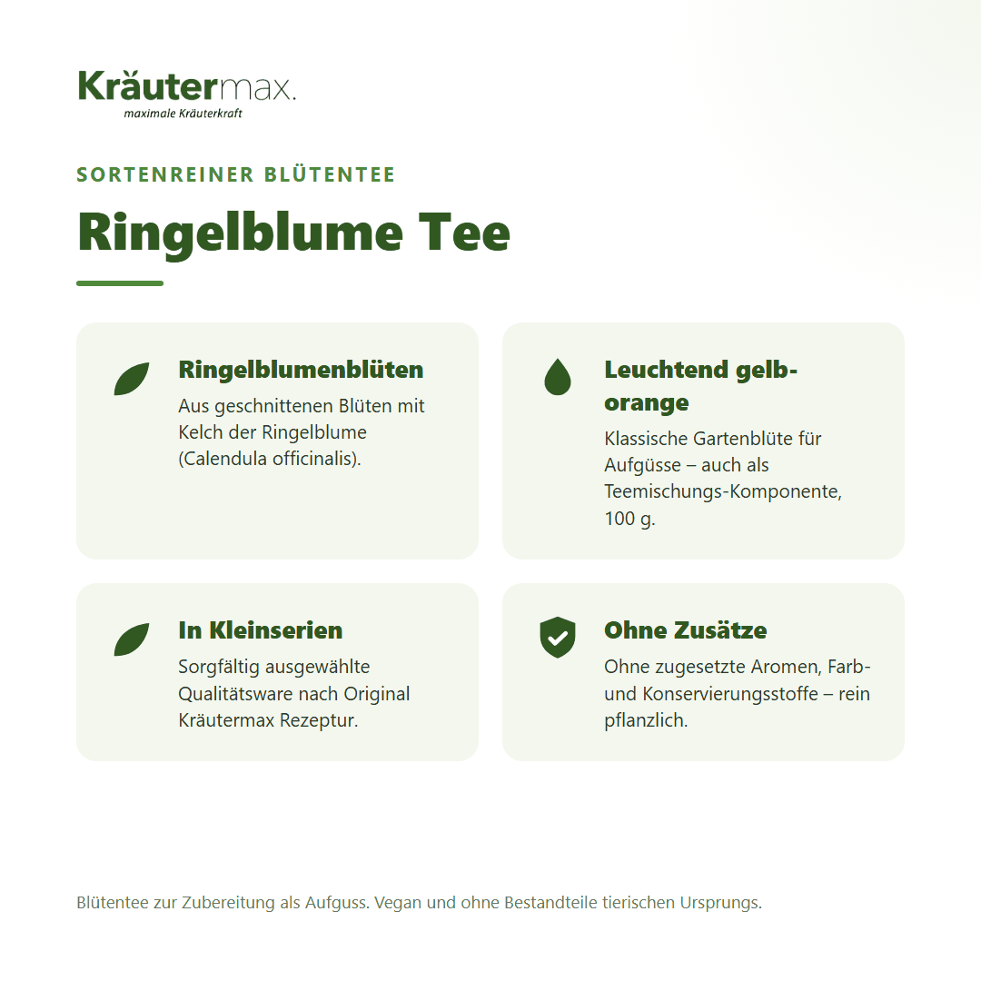 Ringelblume Tee – Überblick: sortenreiner Blütentee aus Ringelblumenblüten mit Kelch (Calendula officinalis), 100 g