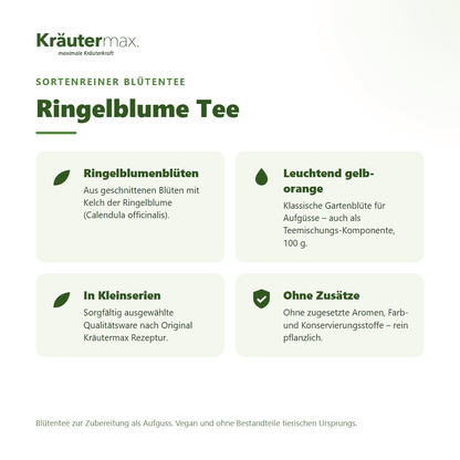 Ringelblume Tee – Überblick: sortenreiner Blütentee aus Ringelblumenblüten mit Kelch (Calendula officinalis), 100 g