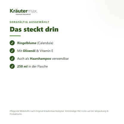 Ringelblumen Duschgel – Inhaltsstoffe: Ringelblumenblüten-Extrakt, Olivenöl, Vitamin E, 250 ml Flasche