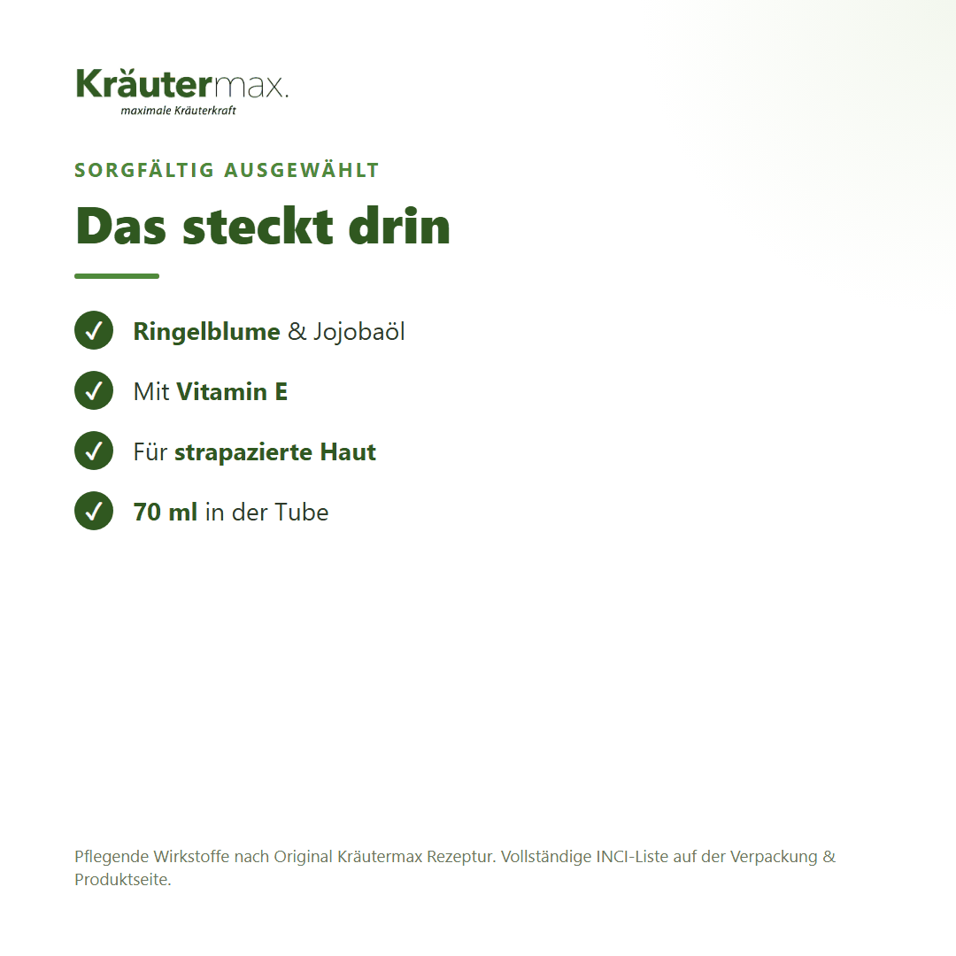 Ringelblumen Handcreme – Inhaltsstoffe: Ringelblumenblütenextrakt, Jojobaöl, Vitamin E, 70 ml Tube