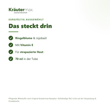 Ringelblumen Handcreme – Inhaltsstoffe: Ringelblumenblütenextrakt, Jojobaöl, Vitamin E, 70 ml Tube