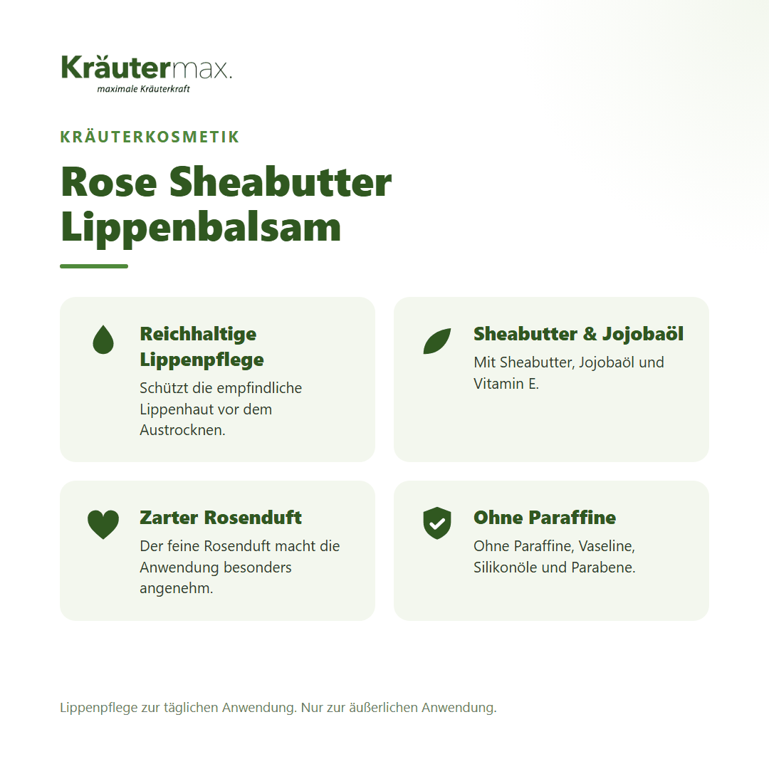 Rose Sheabutter Lippenbalsam von Kräutermax – Überblick: reichhaltige Lippenpflege mit Sheabutter, 10 ml