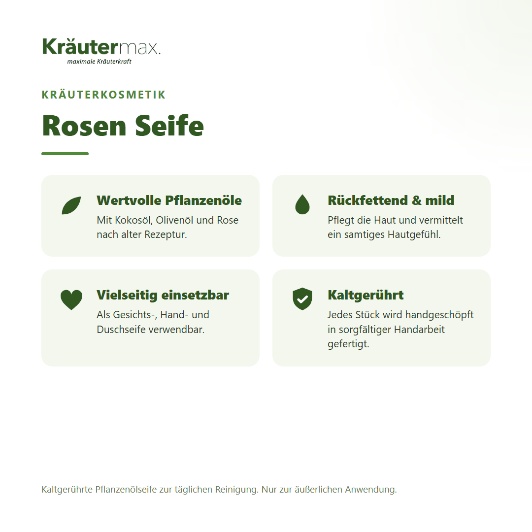 Rosen Seife von Kräutermax – Überblick: kaltgerührte Pflanzenölseife mit Kokos-, Olivenöl und Rose, 100 g