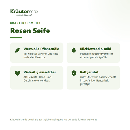 Rosen Seife von Kräutermax – Überblick: kaltgerührte Pflanzenölseife mit Kokos-, Olivenöl und Rose, 100 g