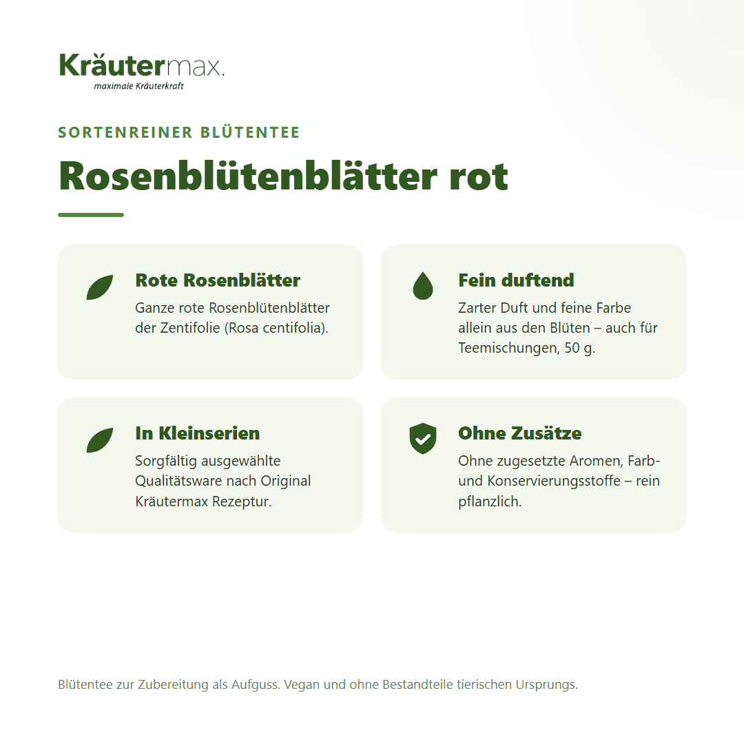 Rosenblütenblätter rot Tee – Überblick: sortenreiner Blütentee aus roten Rosenblütenblättern (Rosa centifolia), 50 g