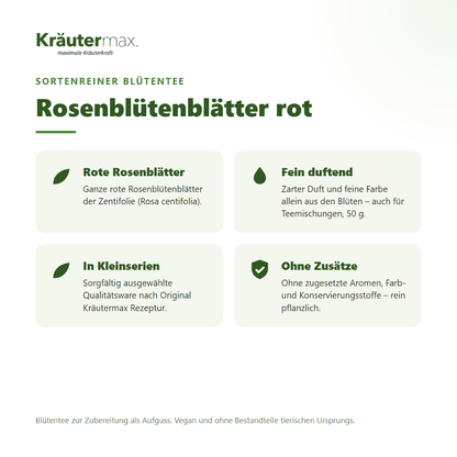 Rosenblütenblätter rot Tee – Überblick: sortenreiner Blütentee aus roten Rosenblütenblättern (Rosa centifolia), 50 g