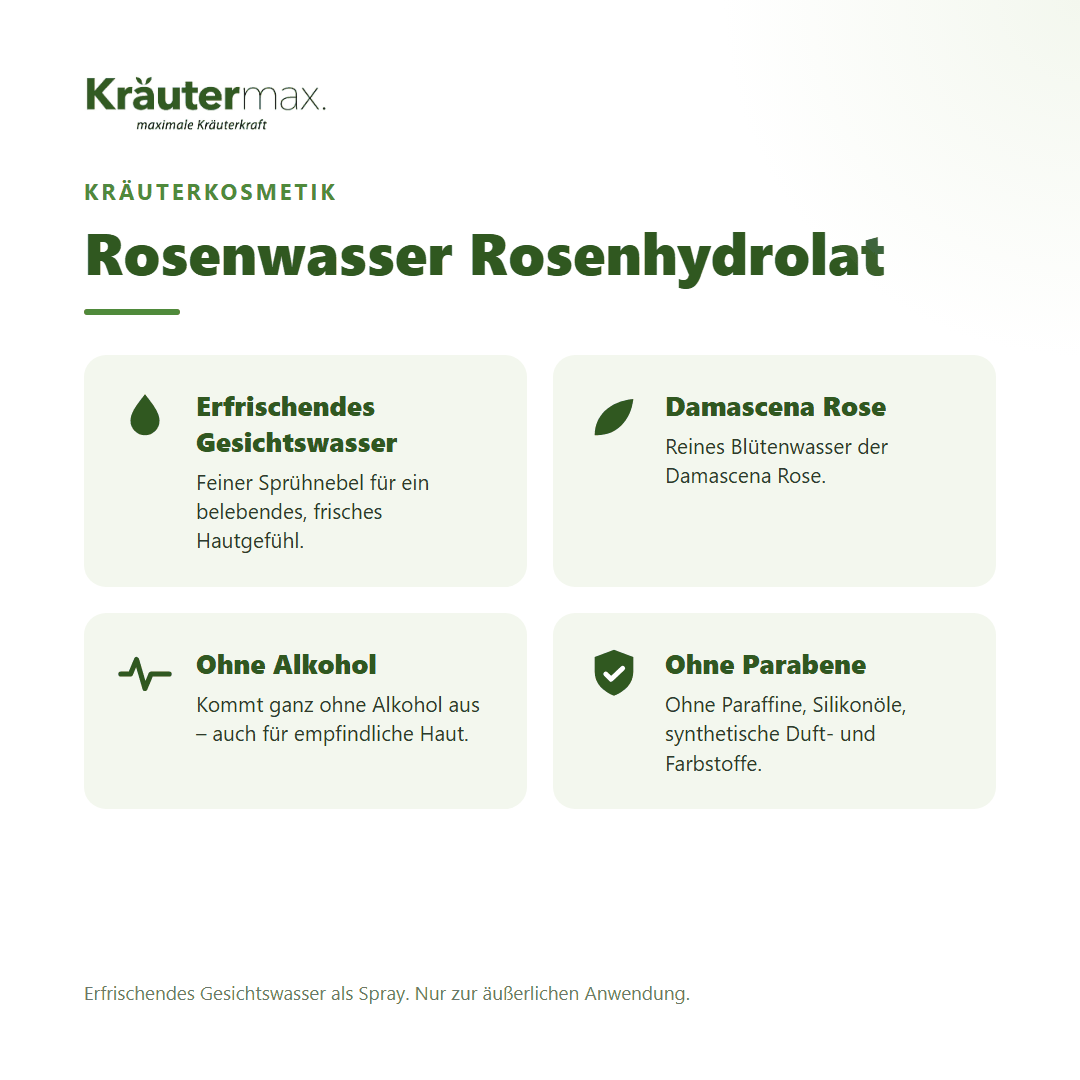 Rosenwasser Rosenhydrolat von Kräutermax – Überblick: erfrischendes Gesichtswasser aus der Damascena Rose, ohne Alkohol, 100 ml