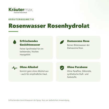 Rosenwasser Rosenhydrolat von Kräutermax – Überblick: erfrischendes Gesichtswasser aus der Damascena Rose, ohne Alkohol, 100 ml