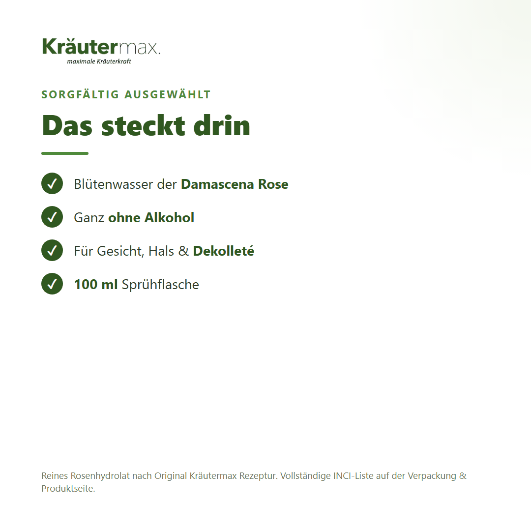 Rosenwasser Rosenhydrolat – Inhaltsstoffe: Blütenwasser der Damascena Rose, ohne Alkohol, 100 ml Sprühflasche
