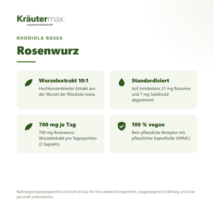 Rosenwurz Kapseln – hochkonzentrierter Rhodiola-rosea-Wurzelextrakt 10:1, standardisiert auf Rosavine und Salidrosid, 100 % vegan