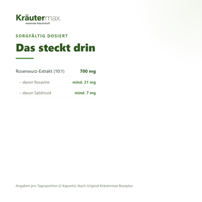 Rosenwurz Kapseln – Inhaltsstoffe pro Tagesportion: 700 mg Rosenwurz-Wurzelextrakt 10:1 mit mindestens 21 mg Rosavine und 7 mg Salidrosid