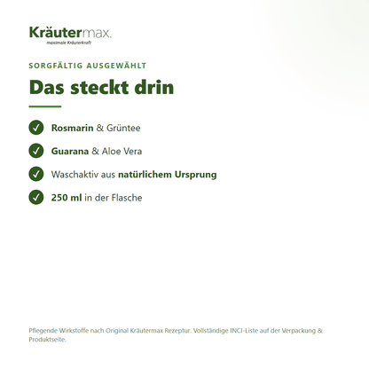Rosmarin Shampoo – Inhaltsstoffe: Rosmarin, Grüntee, Guarana, Aloe Vera, 250 ml Flasche