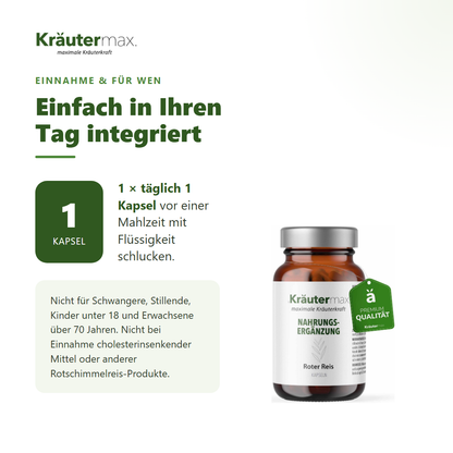 Roter Reis Extrakt Kapseln – Einnahme: täglich 1 Kapsel vor einer Mahlzeit mit Flüssigkeit, mit Warnhinweisen