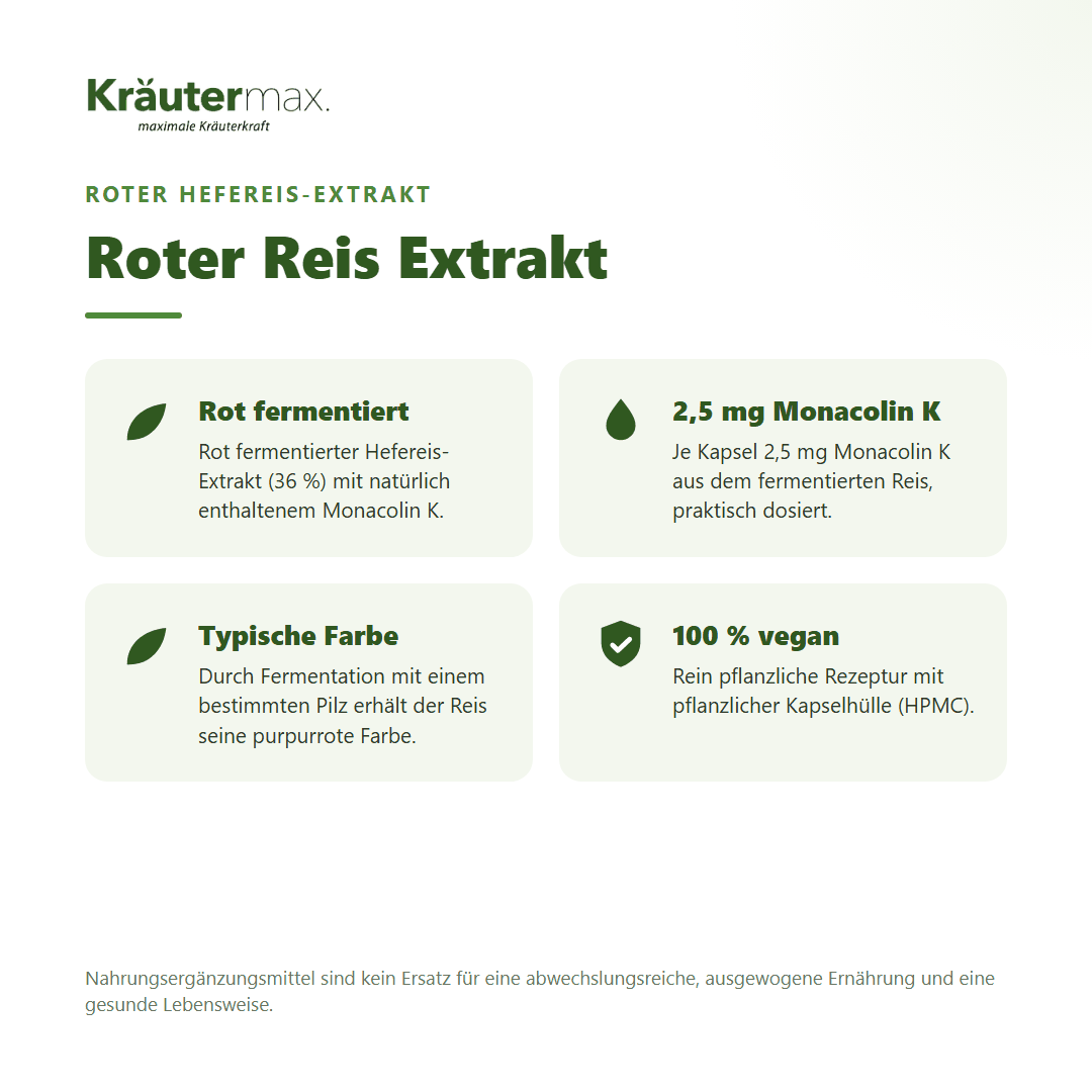 Roter Reis Extrakt Kapseln – rot fermentierter Hefereis-Extrakt mit 2,5 mg Monacolin K je Kapsel, 100 % vegan