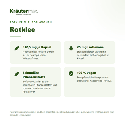 Rotklee Kapseln – 312,5 mg Rotklee-Extrakt je Kapsel mit 25 mg Isoflavonen, 100 % vegan