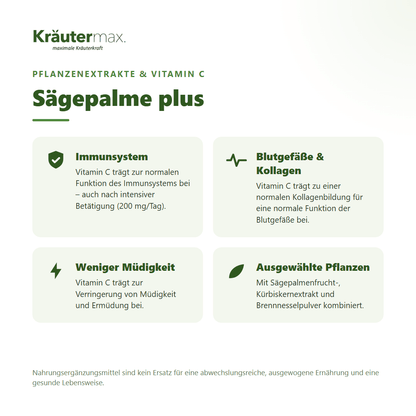 Sägepalme plus Kapseln – Nutzen: Vitamin C für Immunsystem, Blutgefäße und weniger Müdigkeit, mit Sägepalmenfrucht-, Kürbiskernextrakt und Brennnesselpulver
