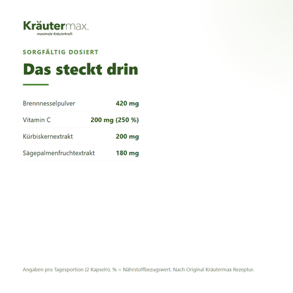 Sägepalme plus Kapseln – Inhaltsstoffe pro Tagesportion: 420 mg Brennnesselpulver, 200 mg Vitamin C, 200 mg Kürbiskernextrakt, 180 mg Sägepalmenfruchtextrakt