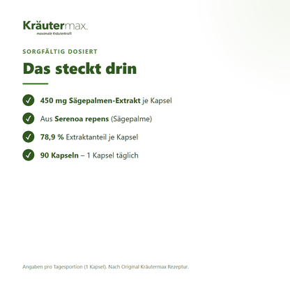 Sägepalme Extrakt Kapseln – Inhaltsstoffe pro Tagesportion: 450 mg Sägepalmen-Extrakt aus Serenoa repens, 78,9 % Extraktanteil