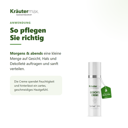 Salbei Creme – Anwendung: morgens und abends auf Gesicht, Hals und Dekolleté auftragen