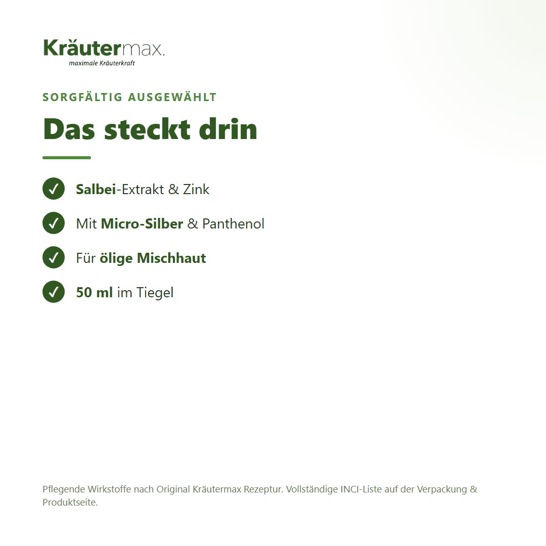 Salbei Creme – Inhaltsstoffe: Salbei-Extrakt, Zink, Micro-Silber, Panthenol, 50 ml Tiegel