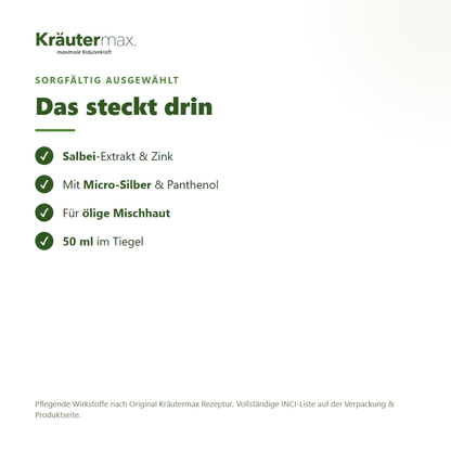 Salbei Creme – Inhaltsstoffe: Salbei-Extrakt, Zink, Micro-Silber, Panthenol, 50 ml Tiegel