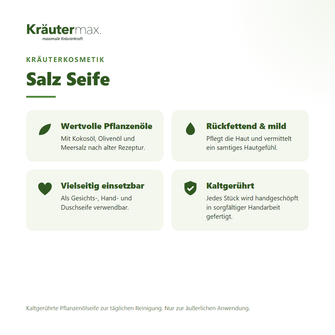Salz Seife von Kräutermax – Überblick: kaltgerührte Pflanzenölseife mit Kokos-, Olivenöl und Meersalz, 100 g