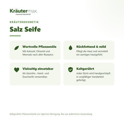 Salz Seife von Kräutermax – Überblick: kaltgerührte Pflanzenölseife mit Kokos-, Olivenöl und Meersalz, 100 g