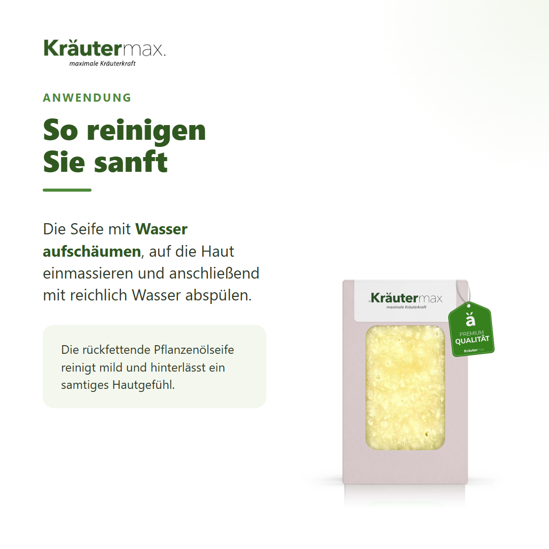Salz Seife – Anwendung: mit Wasser aufschäumen, einmassieren und abspülen