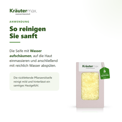 Salz Seife – Anwendung: mit Wasser aufschäumen, einmassieren und abspülen