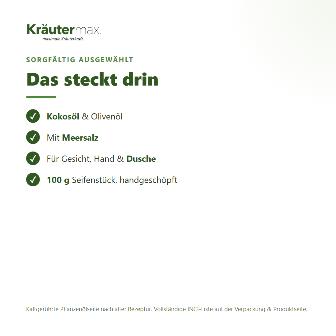 Salz Seife – Inhaltsstoffe: Kokosöl, Olivenöl, Meersalz, 100 g Seifenstück