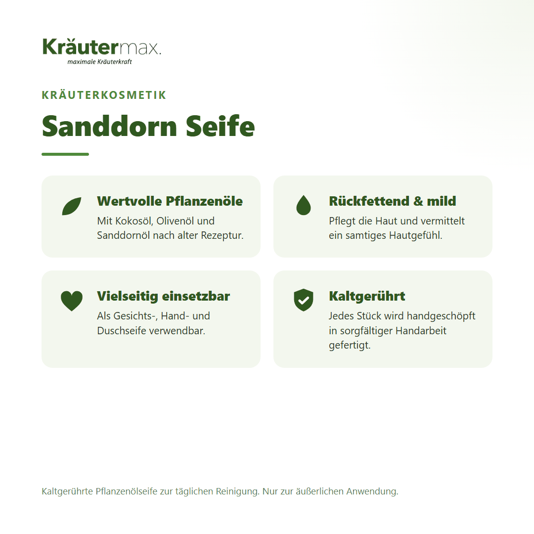 Sanddorn Seife von Kräutermax – Überblick: kaltgerührte Pflanzenölseife mit Kokos-, Olivenöl und Sanddornöl, 100 g