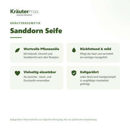 Sanddorn Seife von Kräutermax – Überblick: kaltgerührte Pflanzenölseife mit Kokos-, Olivenöl und Sanddornöl, 100 g