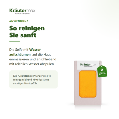 Sanddorn Seife – Anwendung: mit Wasser aufschäumen, einmassieren und abspülen