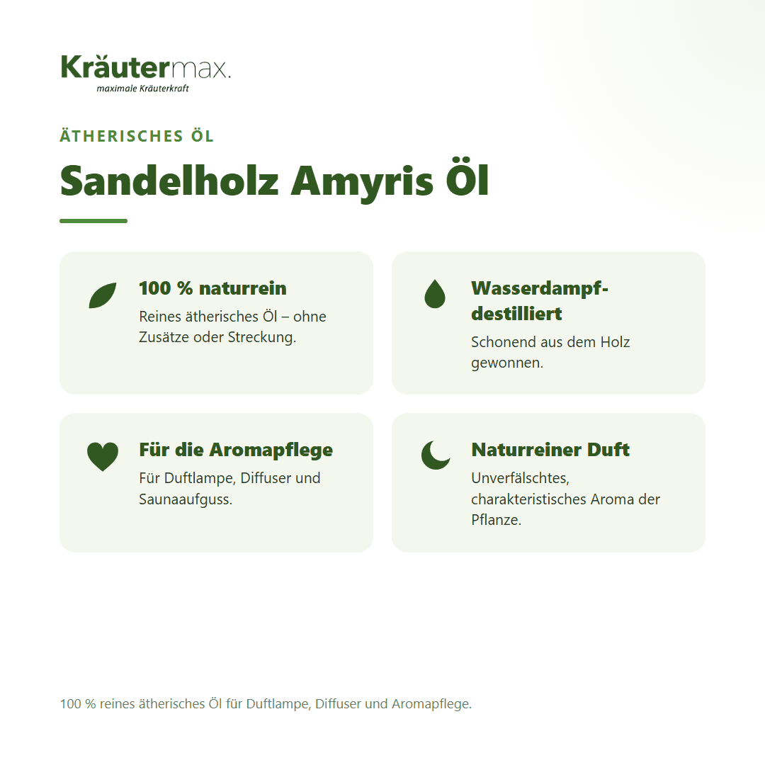 Sandelholz Amyris Öl von Kräutermax – Überblick: 100 % reines ätherisches Öl für die Aromapflege