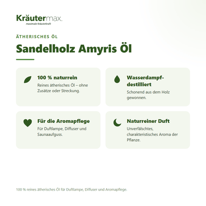 Sandelholz Amyris Öl von Kräutermax – Überblick: 100 % reines ätherisches Öl für die Aromapflege