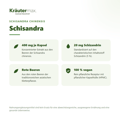 Schisandra Kapseln – 400 mg Schisandra-Extrakt je Kapsel aus den Beeren der Schisandra chinensis mit 20 mg Schizandrin, 100 % vegan