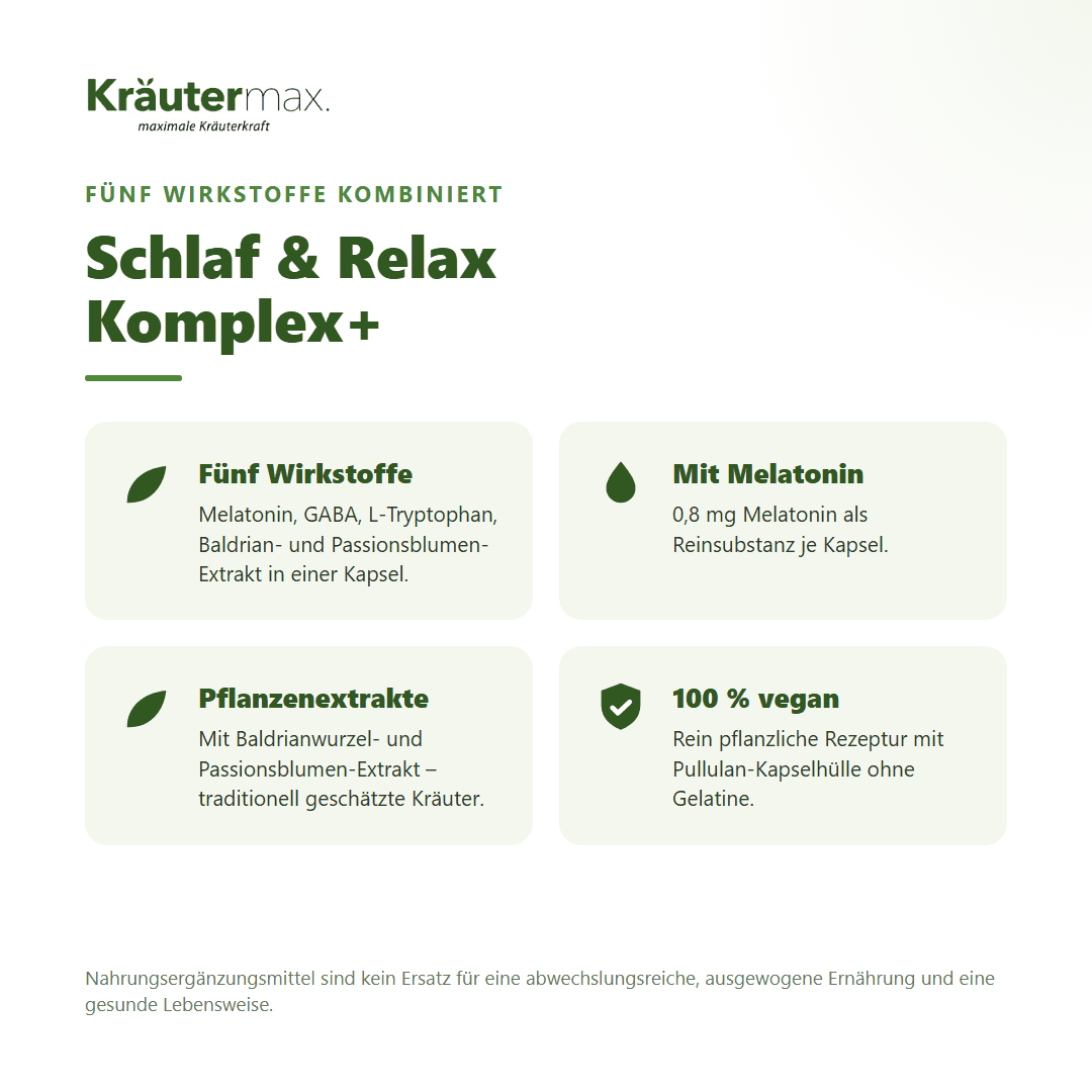 Schlaf & Relax Komplex+ Kapseln – fünf Wirkstoffe kombiniert: Melatonin, GABA, L-Tryptophan, Baldrian- und Passionsblumen-Extrakt, 100 % vegan